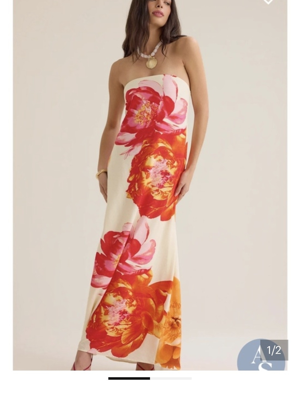 Floral Strapless Tie-Back Maxi Dress in Cream and Orange - Picture 2 of 4